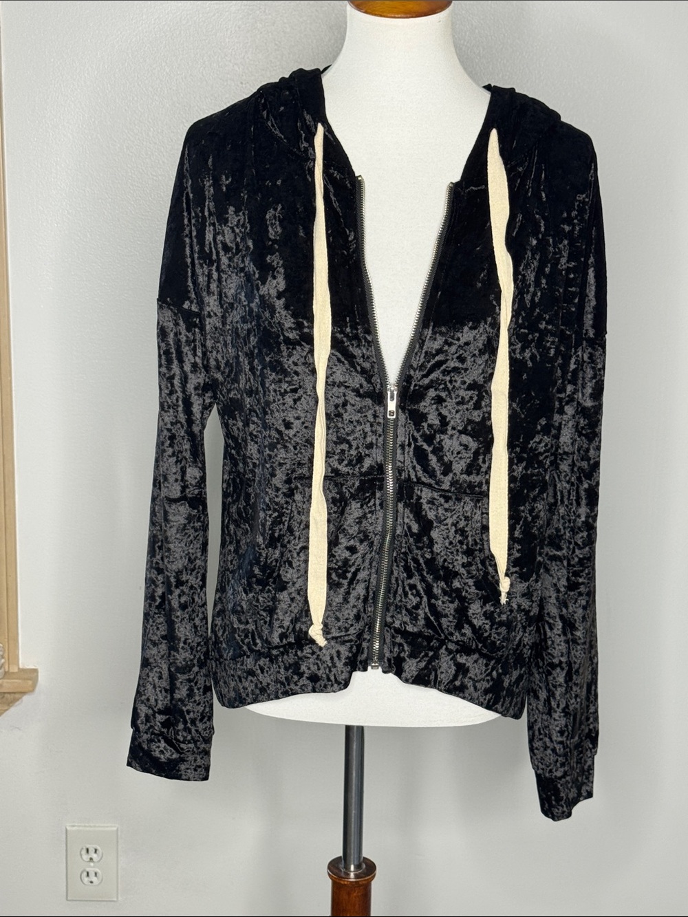 POL Black Crushed Velvet Zip Hoodie with Cream Dressing